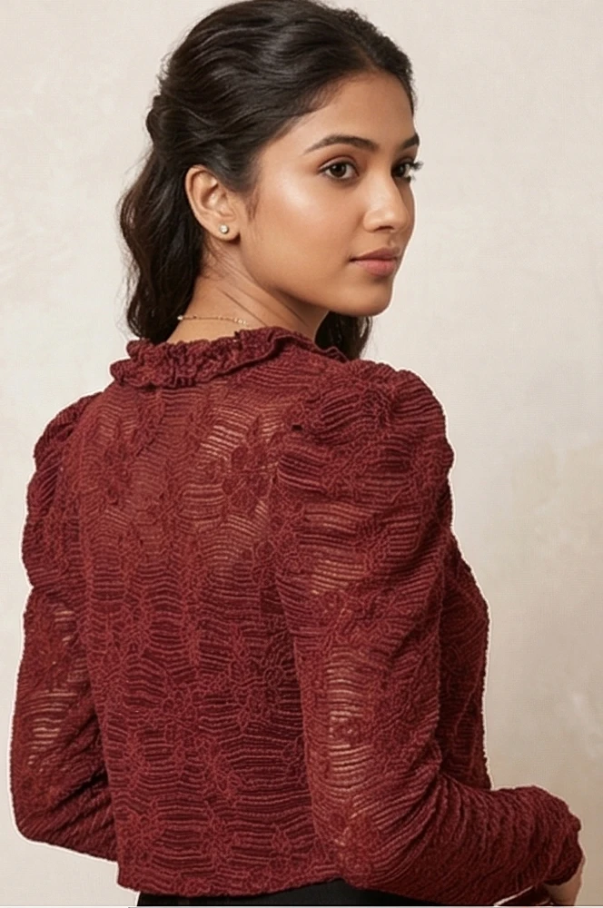 Women's Maroon Floral Lace Cropped top with Ruffled V-Neck and Puff Sleeves