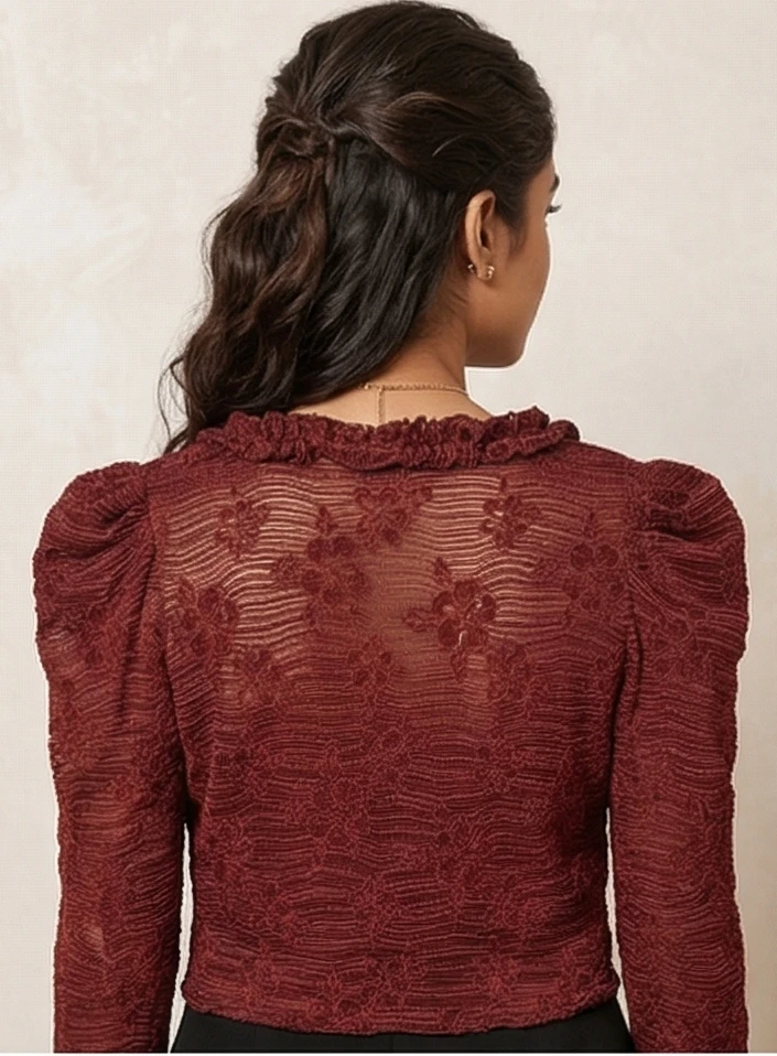 Women's Maroon Floral Lace Cropped top with Ruffled V-Neck and Puff Sleeves