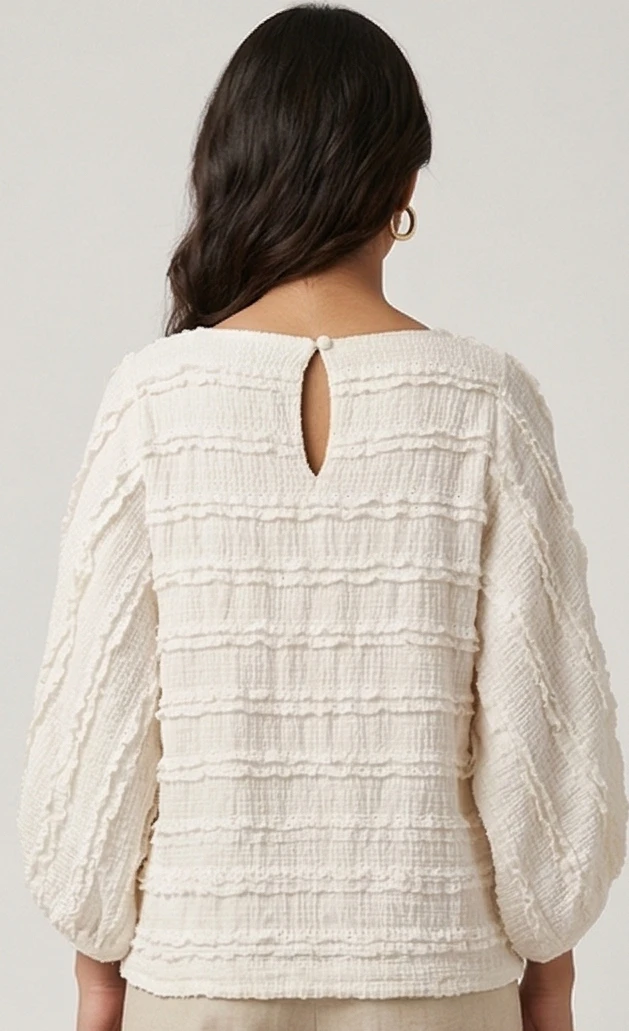 Women’s Off-White Textured Ruffle top with Lantern Sleeves