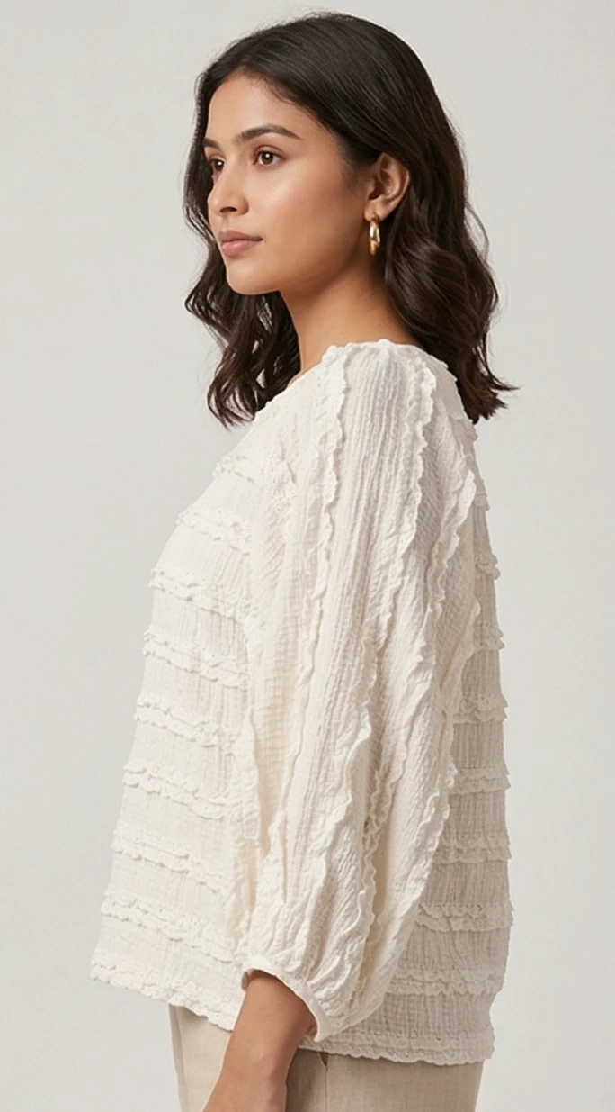 Women’s Off-White Textured Ruffle top with Lantern Sleeves