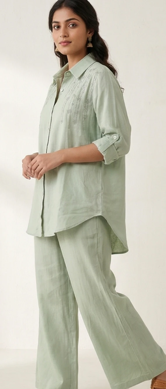 Sage Green Embroidered Linen Co-ord Set with High-Low Tunic and Wide-Leg Trousers