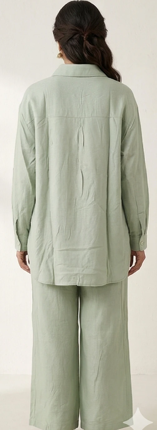 Sage Green Embroidered Linen Co-ord Set with High-Low Tunic and Wide-Leg Trousers