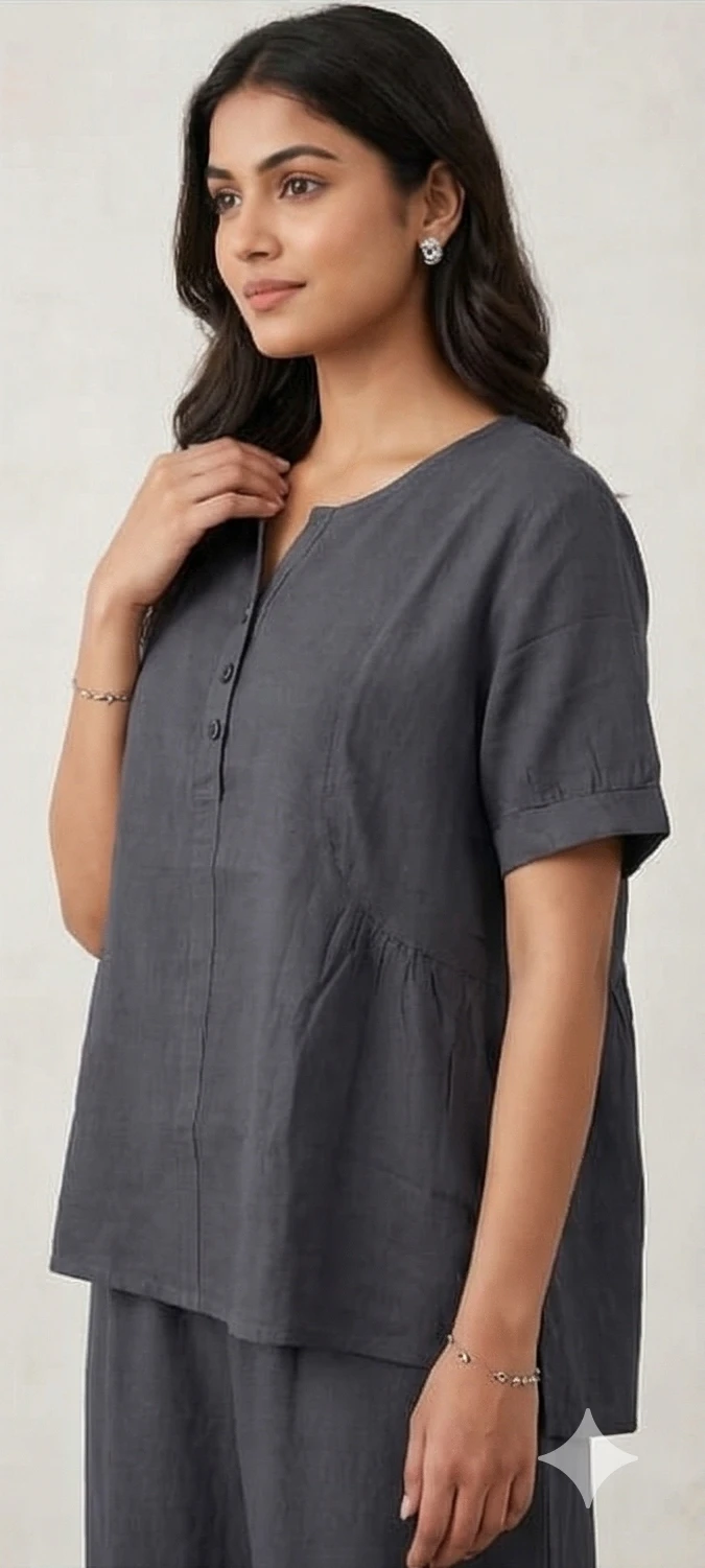 Women’s Slate Grey Linen-Blend Co-ord Set | Relaxed Tunic & Wide-Leg Trouser Duo