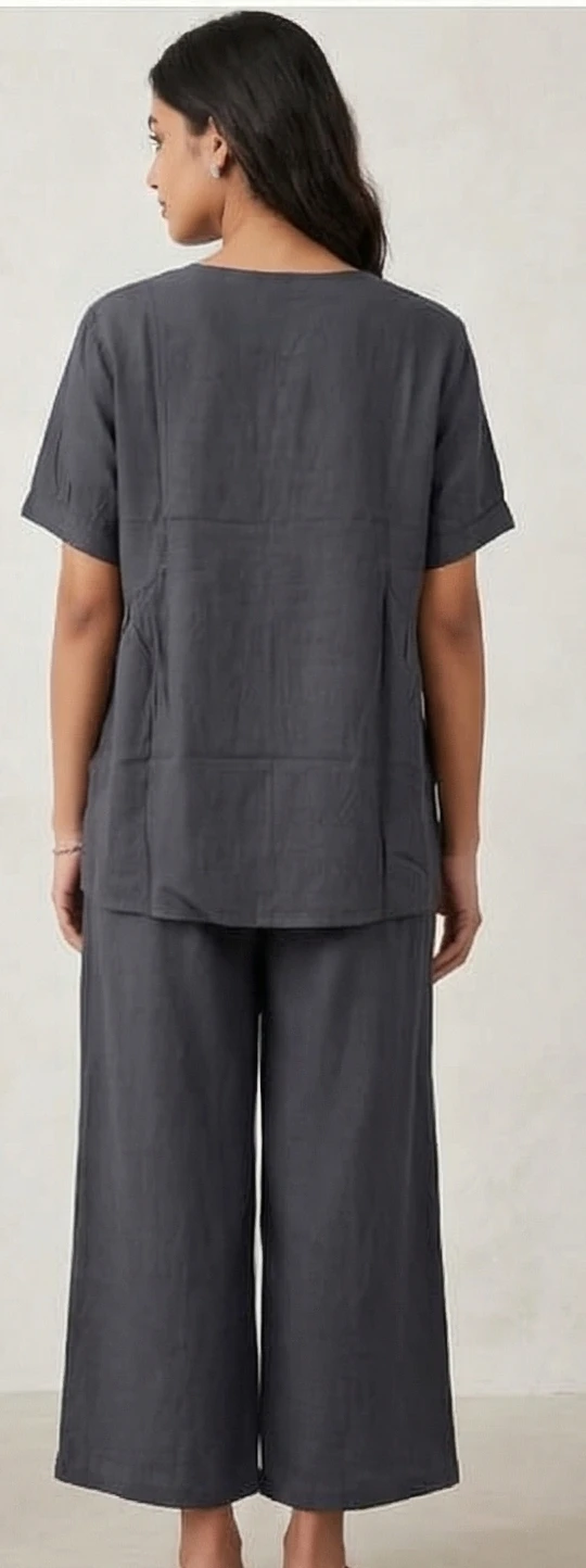 Women’s Slate Grey Linen-Blend Co-ord Set | Relaxed Tunic & Wide-Leg Trouser Duo