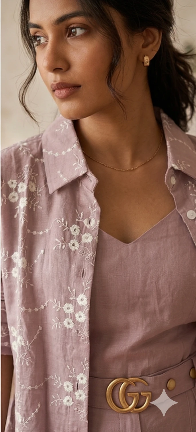 Hand-Embroidered Mauve Linen-Blend 3-Piece Coord Set