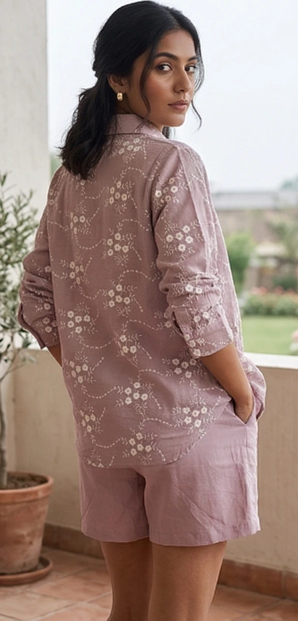 Hand-Embroidered Mauve Linen-Blend 3-Piece Coord Set