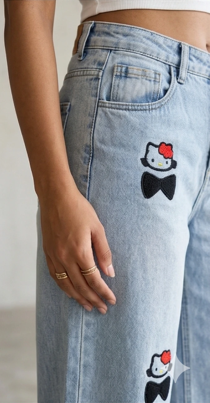 Women’s High-Waisted Light Wash Wide-Leg Jeans with Hello Kitty Bow Embroidery