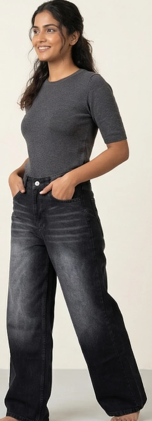 Women's High-Waisted Wide Leg Jeans – Charcoal Grey Distressed Denim with Relaxed Fit