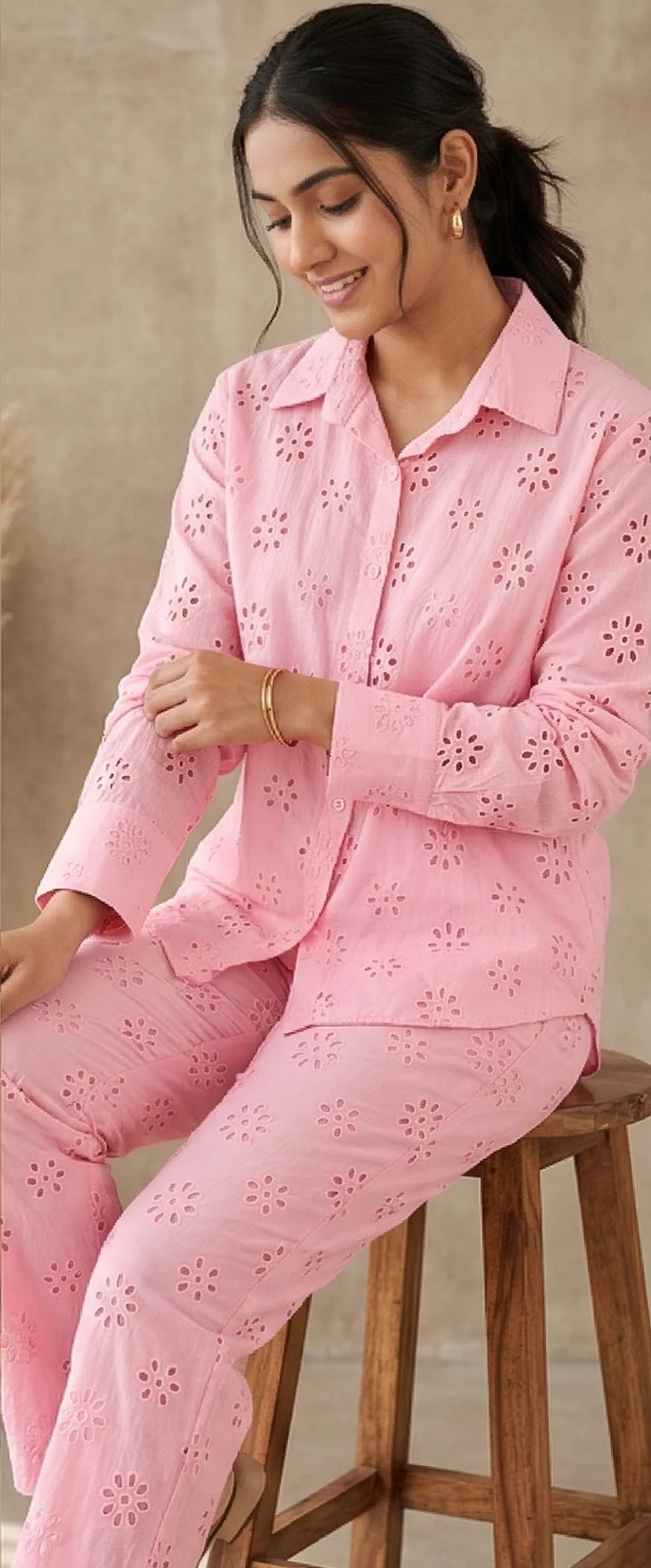 Women's Pink Floral Eyelet Cotton Co-ord Set - Button-Down Shirt & Matching Trousers