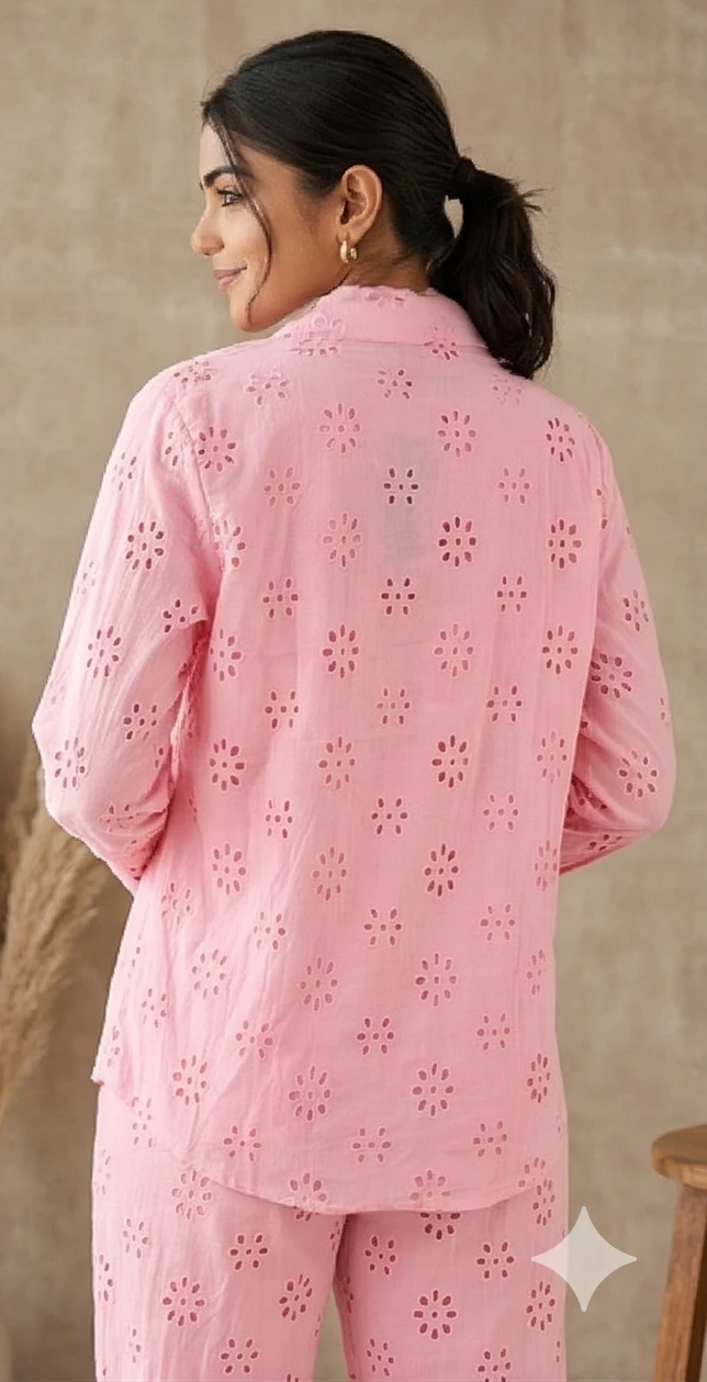 Women's Pink Floral Eyelet Cotton Co-ord Set - Button-Down Shirt & Matching Trousers