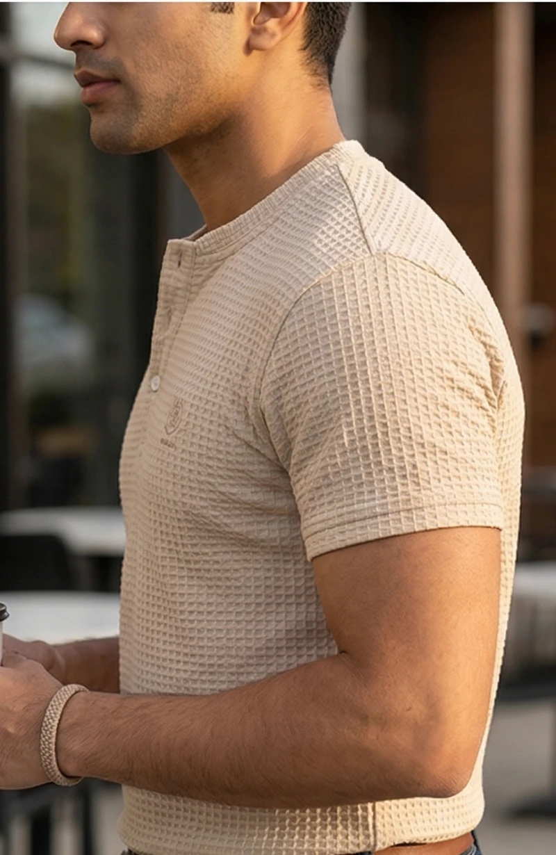 Men's Beige Waffle-Knit Henley T-Shirt - Slim Fit Textured Cotton Blend with Embroidered Logo