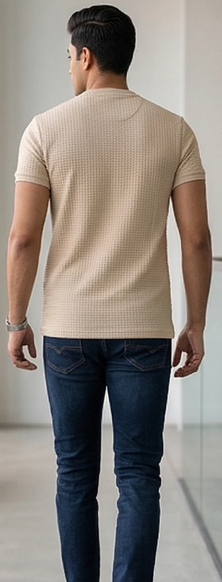 Men's Beige Waffle-Knit Henley T-Shirt - Slim Fit Textured Cotton Blend with Embroidered Logo