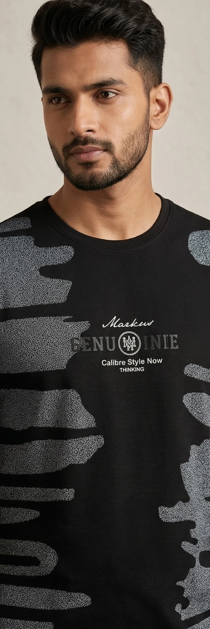 Men's Slim Fit Black Crew Neck Tee with Gray Side Stripe Gradients and Chest Logo