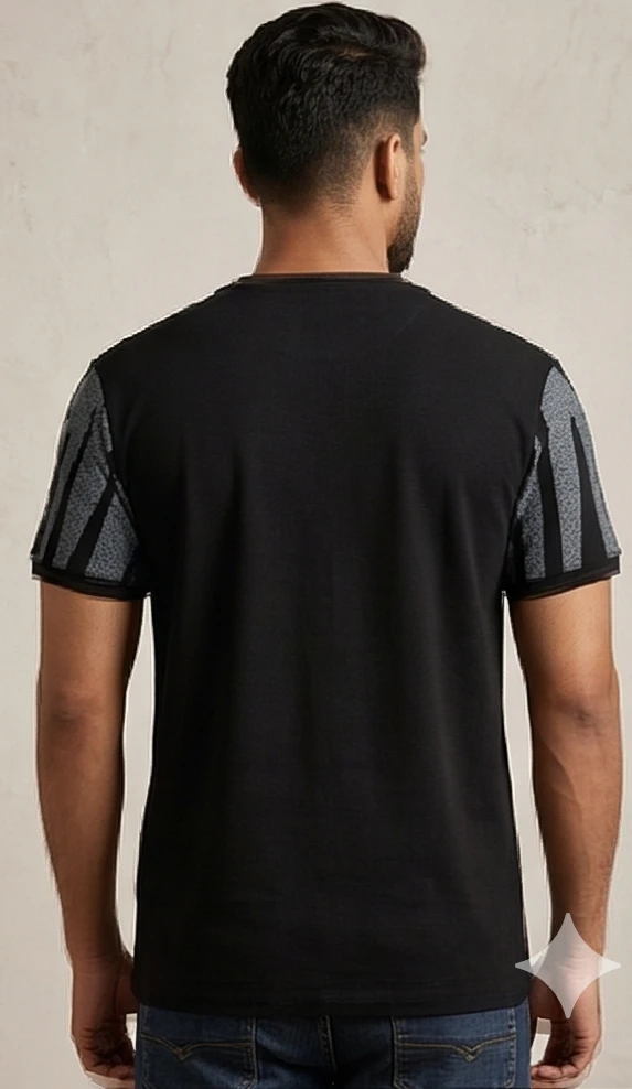 Men's Slim Fit Black Crew Neck Tee with Gray Side Stripe Gradients and Chest Logo
