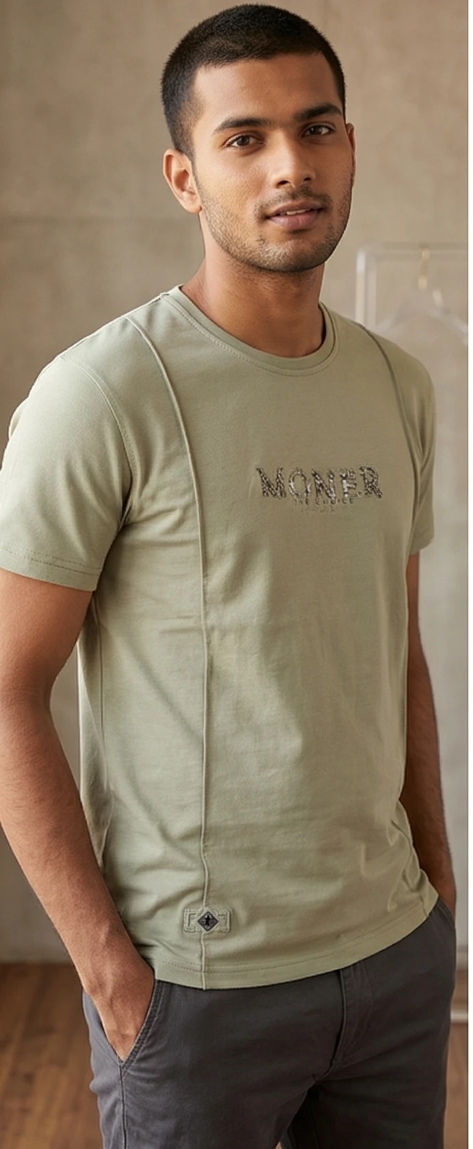 MONER Men's Slim-Fit Sage Green Crew Neck T-Shirt with Vertical Seam Detail