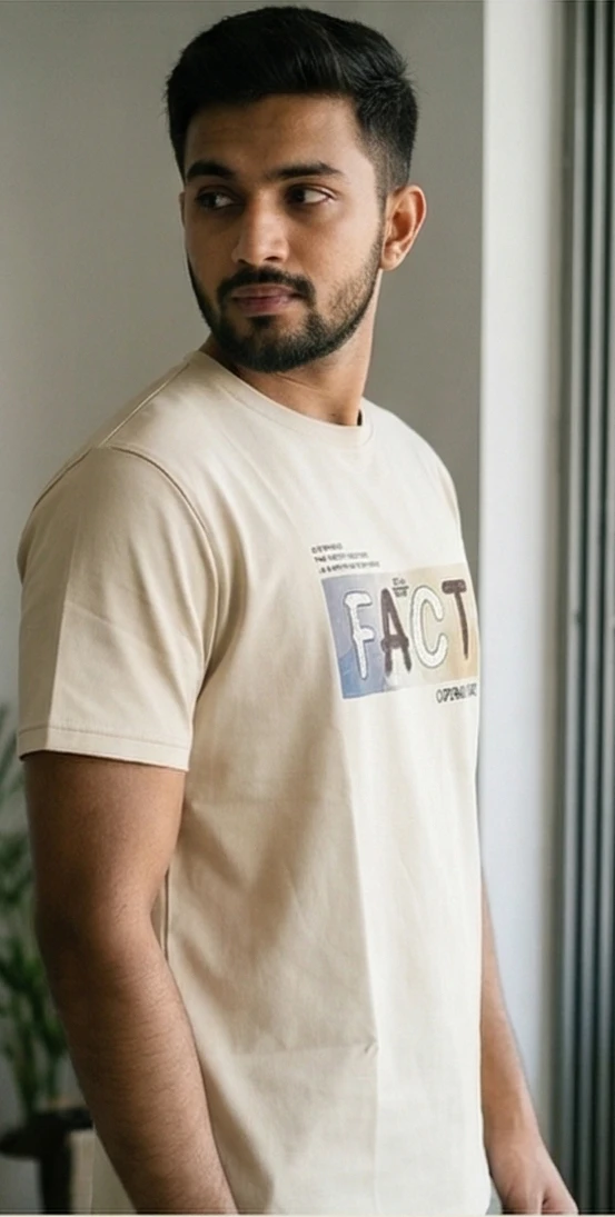 Men’s Beige Crew Neck Graphic T-Shirt - "FACT" Cooperative Apparel Print