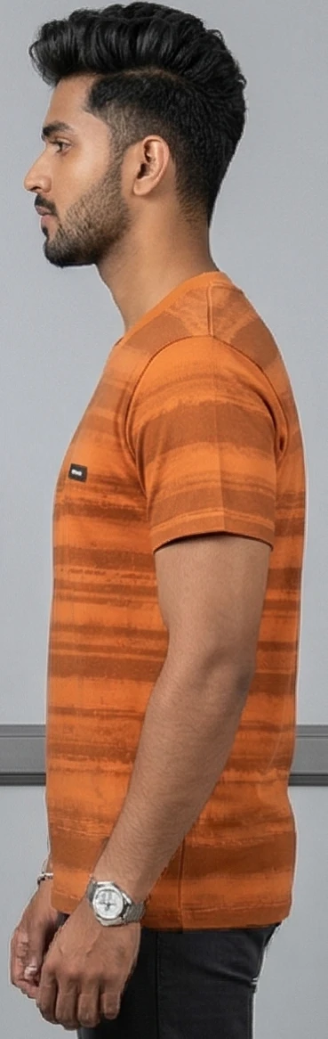 Men’s Burnt Orange Horizontal Striped Crew Neck T-Shirt – Regular Fit