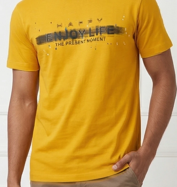 Men’s Mustard Yellow Graphic T-Shirt - "Happy Enjoy Life" Inspirational Print - Slim Fit Cotton Crew Neck
