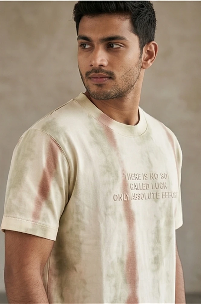 Men's Earth-Tone Vertical Stripe Tie-Dye T-Shirt with Embossed Motivational Quote