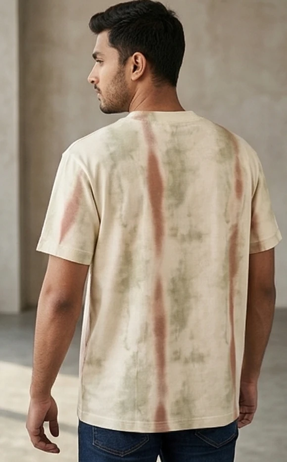 Men's Earth-Tone Vertical Stripe Tie-Dye T-Shirt with Embossed Motivational Quote