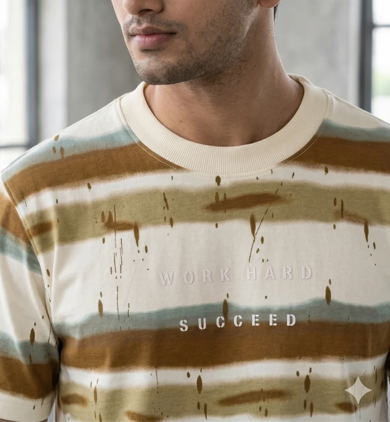 Men's Earth-Tone Abstract Striped Crew Neck T-Shirt – "Work Hard, Succeed" Graphic Tee
