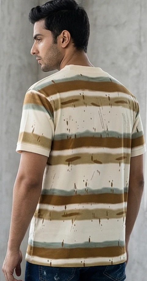 Men's Earth-Tone Abstract Striped Crew Neck T-Shirt – "Work Hard, Succeed" Graphic Tee