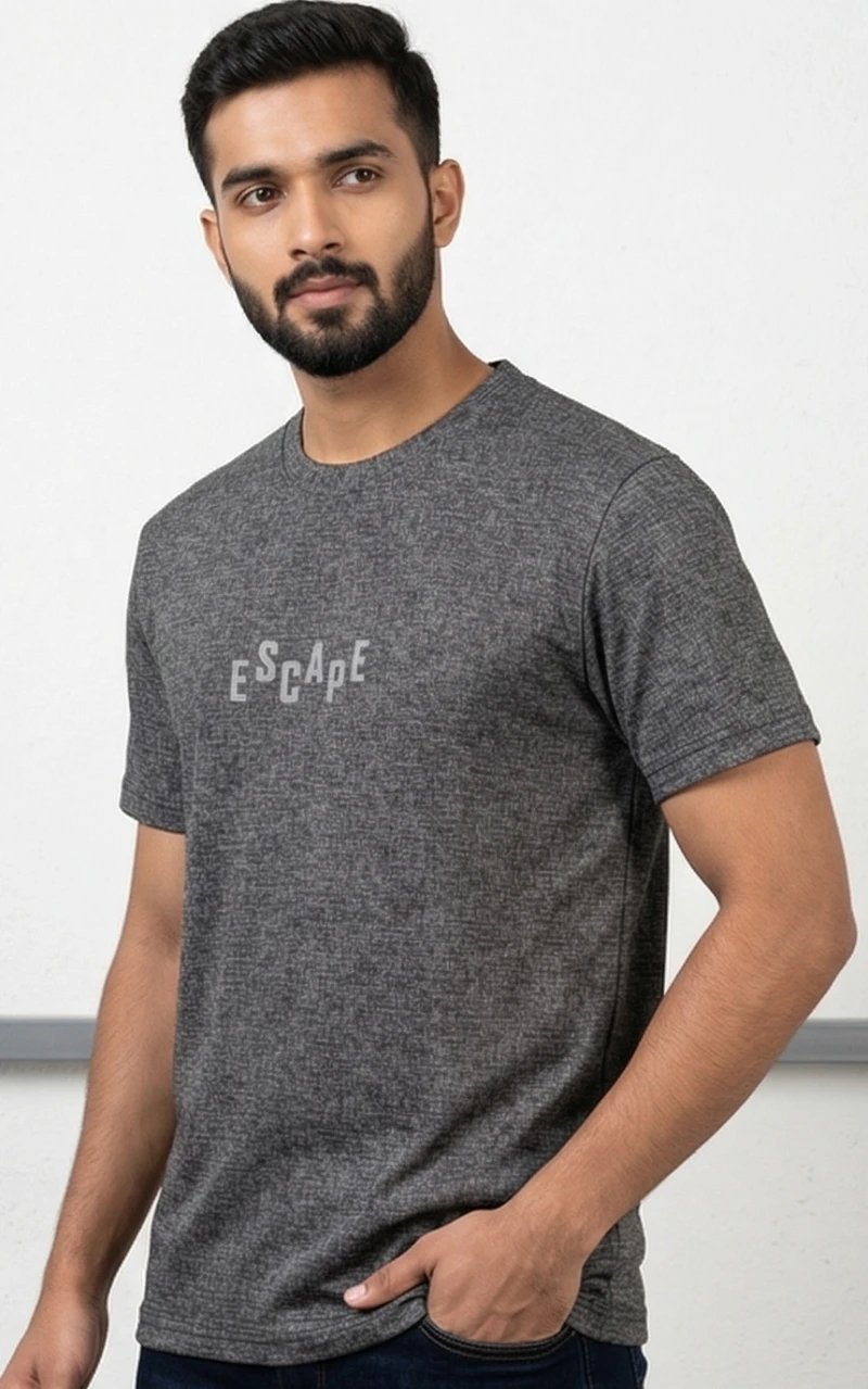Men's Grey Melange Textured "ESCAPE" Graphic T-Shirt