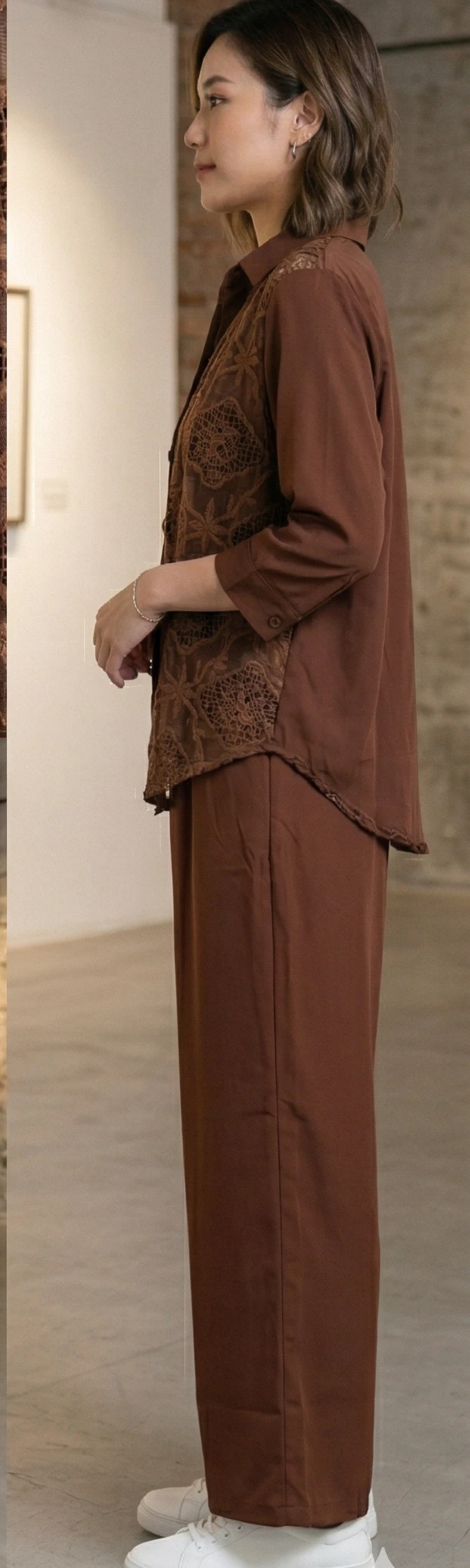 The Mocha Lace Ensemble: Premium 3-Piece Sheer Floral Lace Shirt and Relaxed Fit Palazzo Set