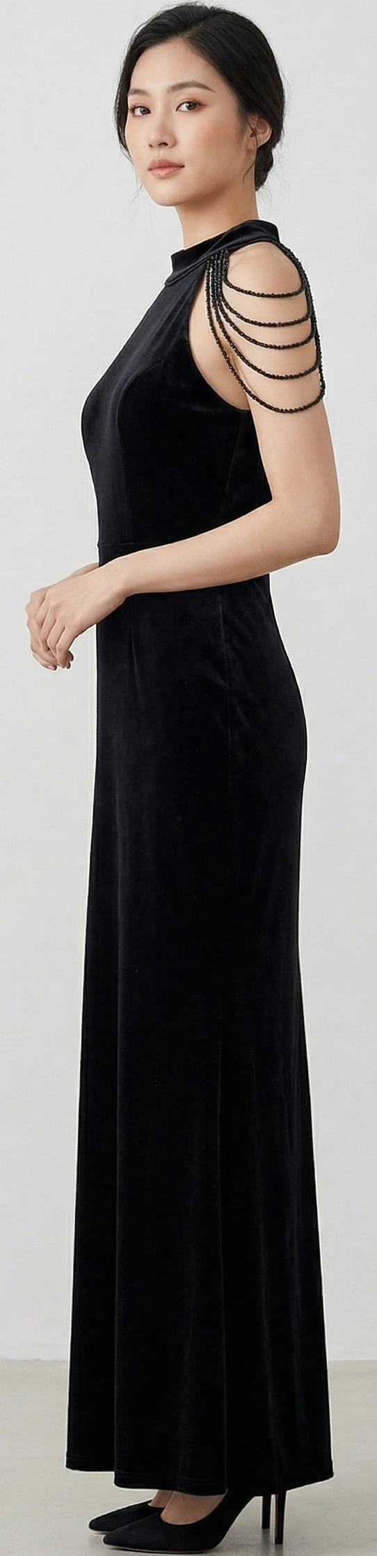 Midnight Velvet Beaded Shoulder High-Neck Evening Gown