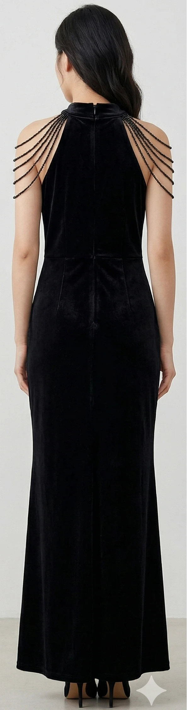 Midnight Velvet Beaded Shoulder High-Neck Evening Gown