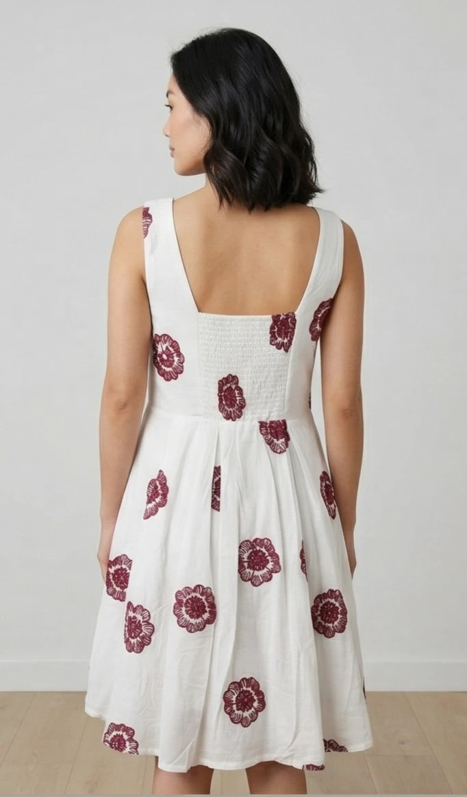 Women White & Maroon Floral Embroidered Fit and Flare Dress