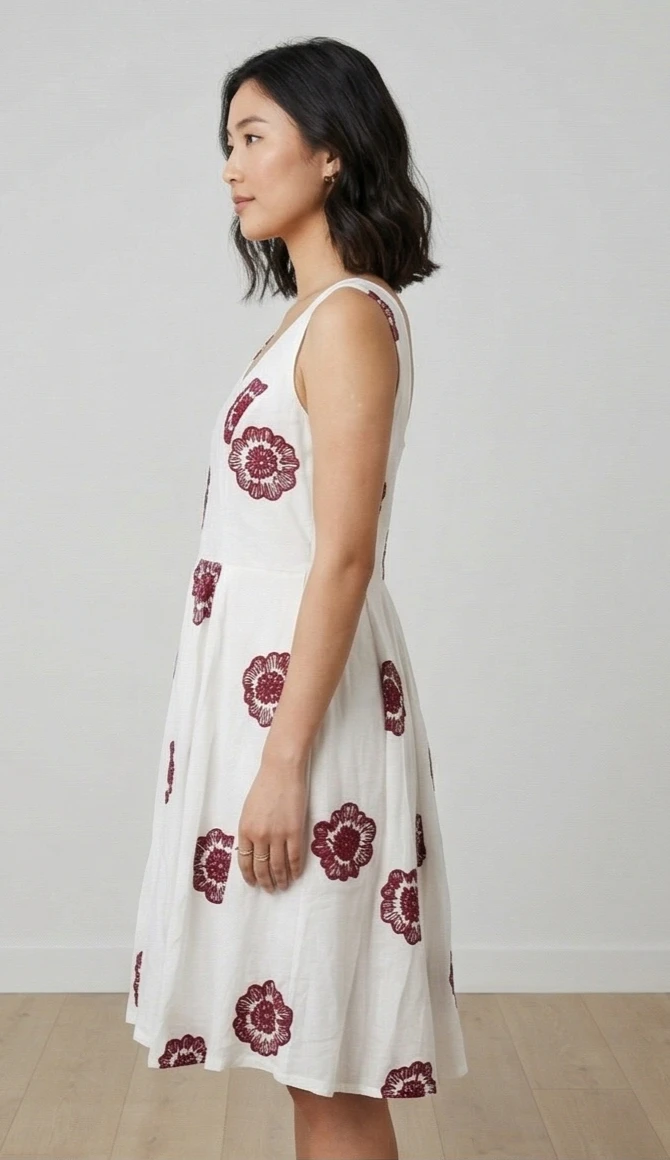 Women White & Maroon Floral Embroidered Fit and Flare Dress