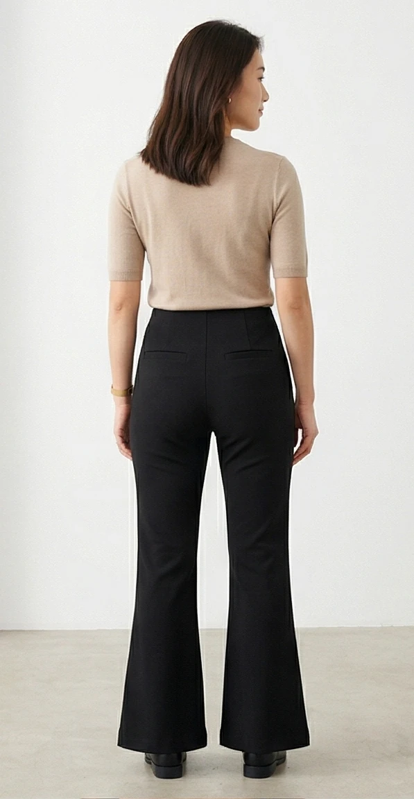 Women's High-Waisted Black Flared Trousers with Gold Hardware