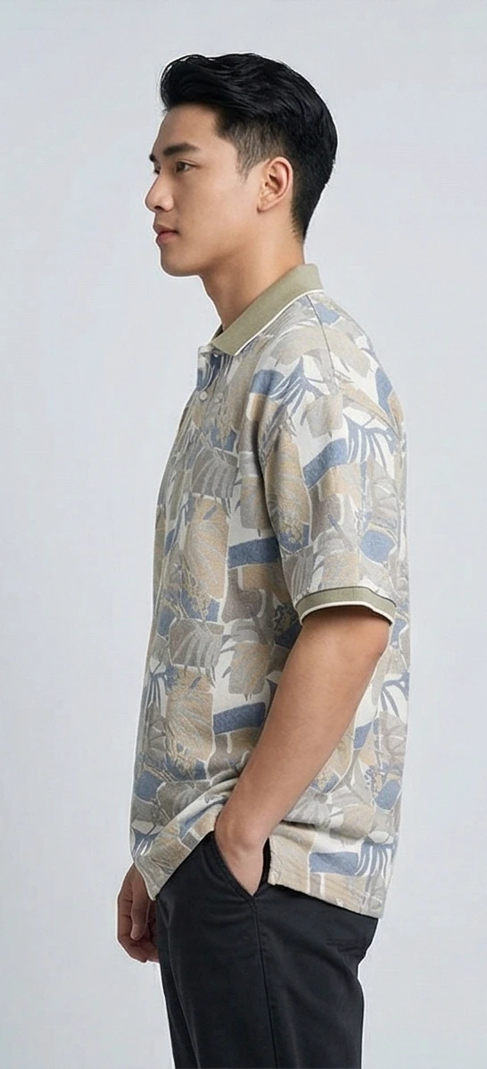 The Island Drift" Men's Textured Knit Polo – Beige & Slate Blue