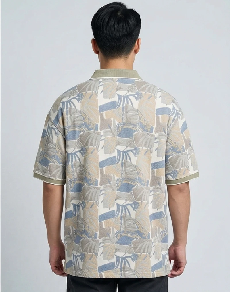 The Island Drift" Men's Textured Knit Polo – Beige & Slate Blue