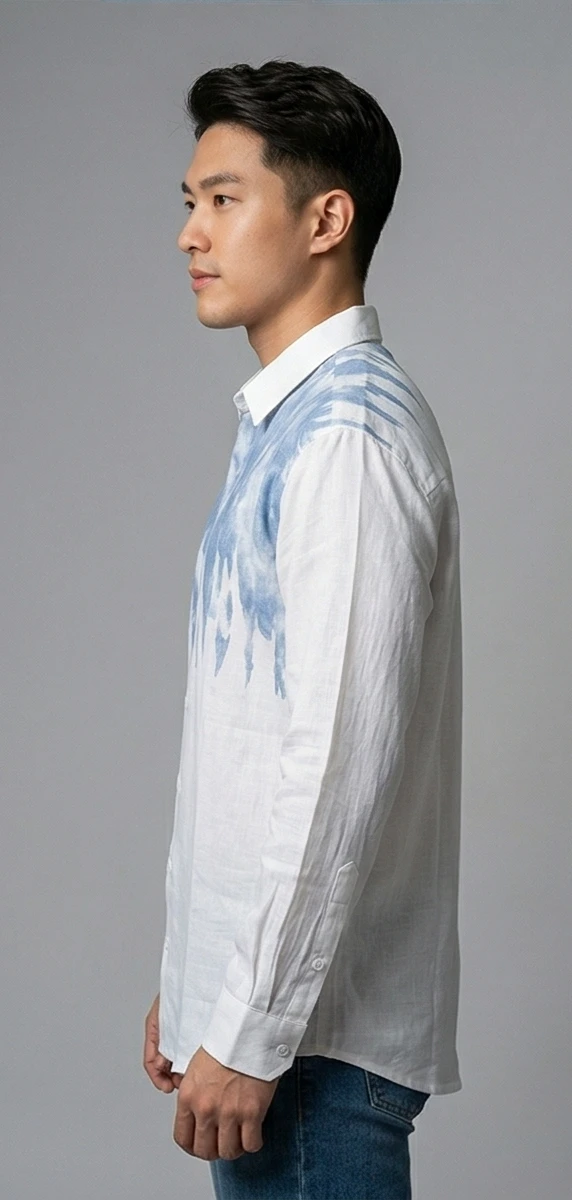 Men’s White Linen-Blend Long Sleeve Shirt with Blue Abstract Water-Stain Print