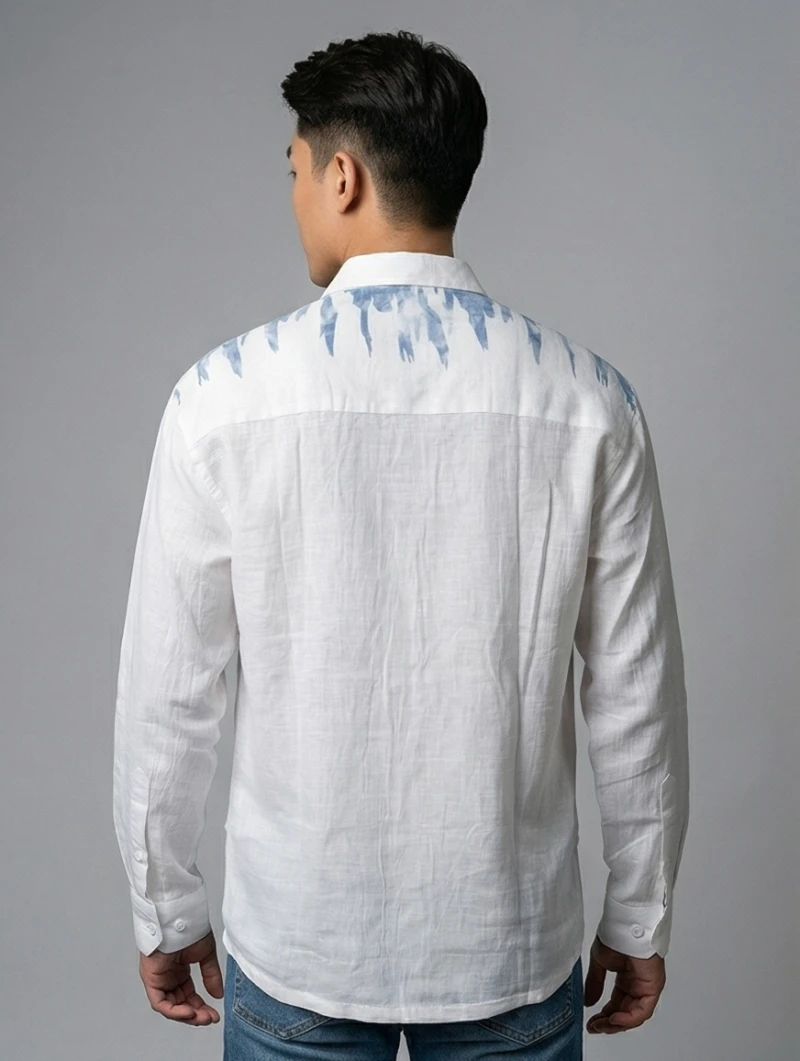 Men’s White Linen-Blend Long Sleeve Shirt with Blue Abstract Water-Stain Print