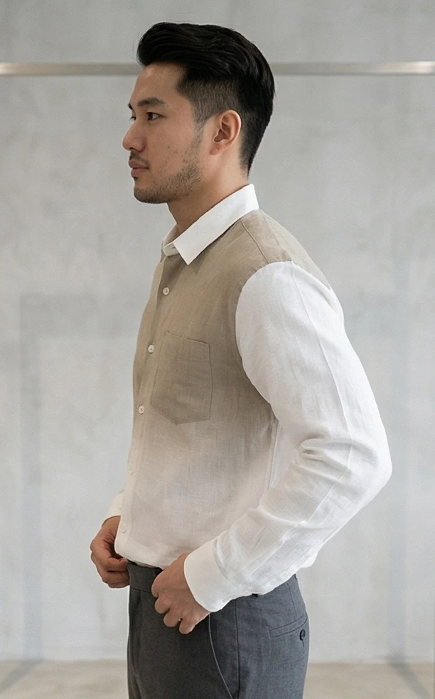 Men's Relaxed Fit Long Sleeve Linen Shirt with Ombre Color-Block Detail