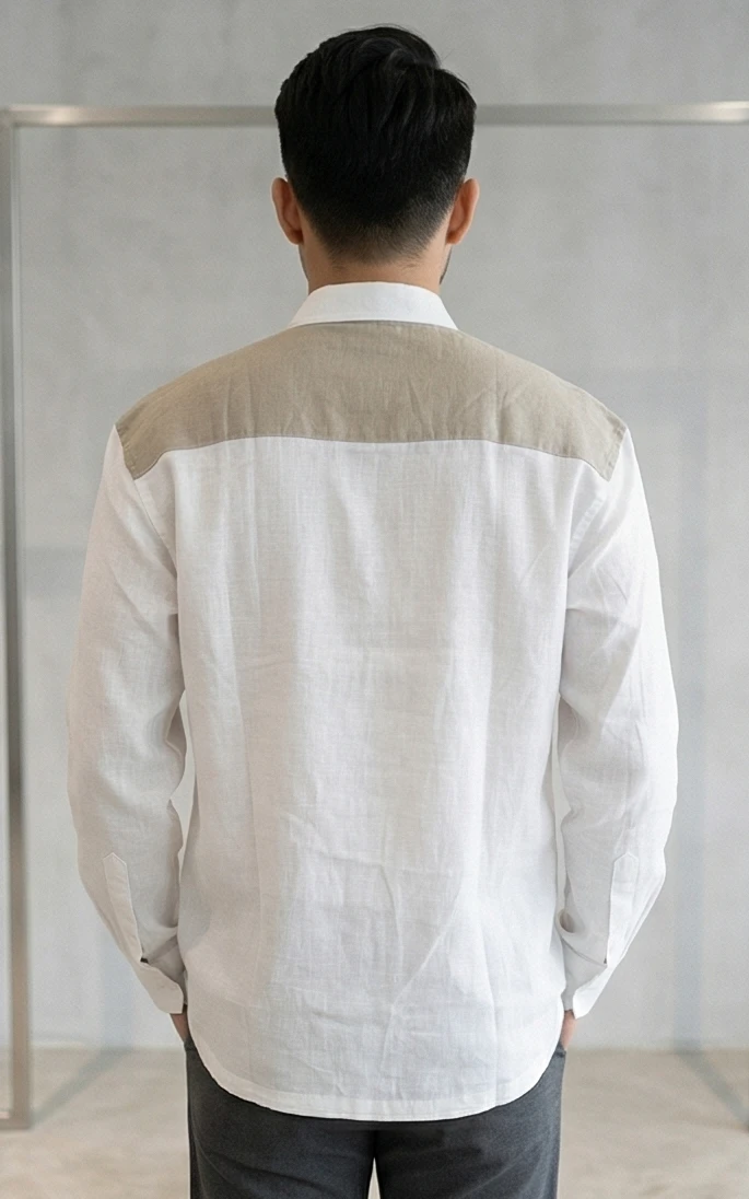 Men's Relaxed Fit Long Sleeve Linen Shirt with Ombre Color-Block Detail
