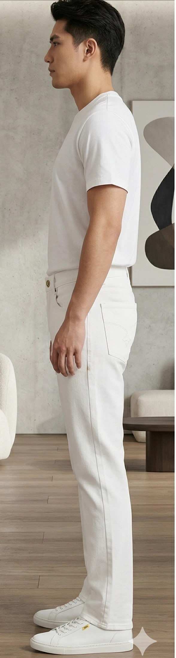 Men’s Designer White Straight-Leg Jeans with Gold-Tone Hardware and Signature Back Patch