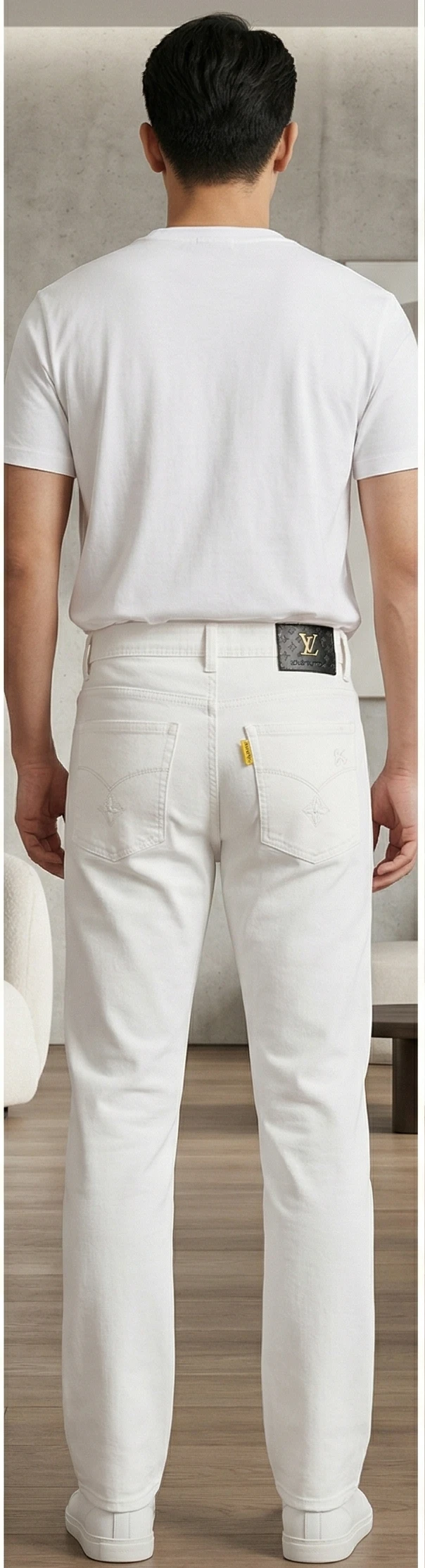 Men’s Designer White Straight-Leg Jeans with Gold-Tone Hardware and Signature Back Patch