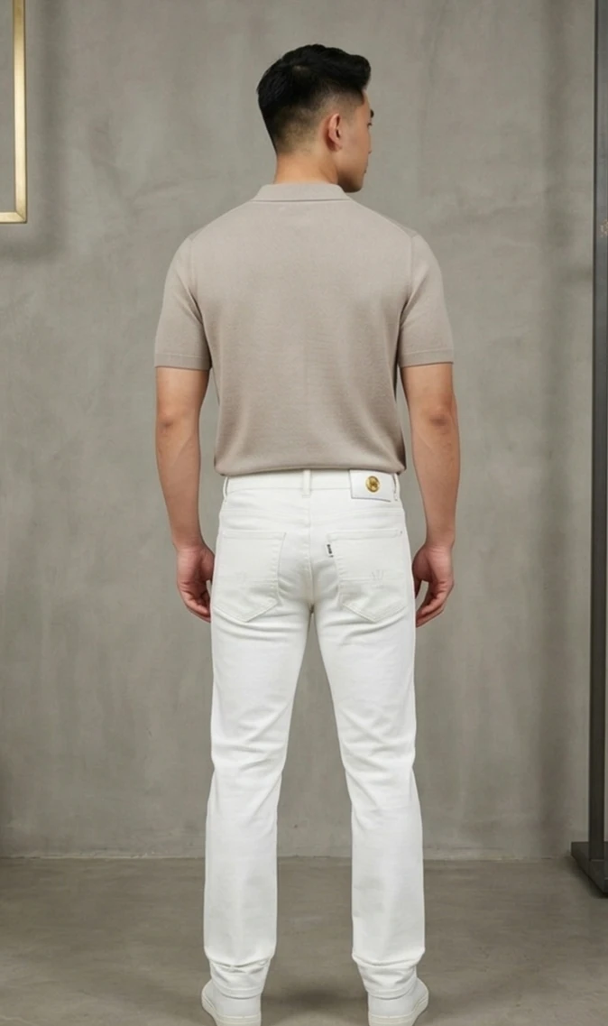 Men’s Premium White Denim Trousers – Slim Fit with Embossed Back Pocket Detail