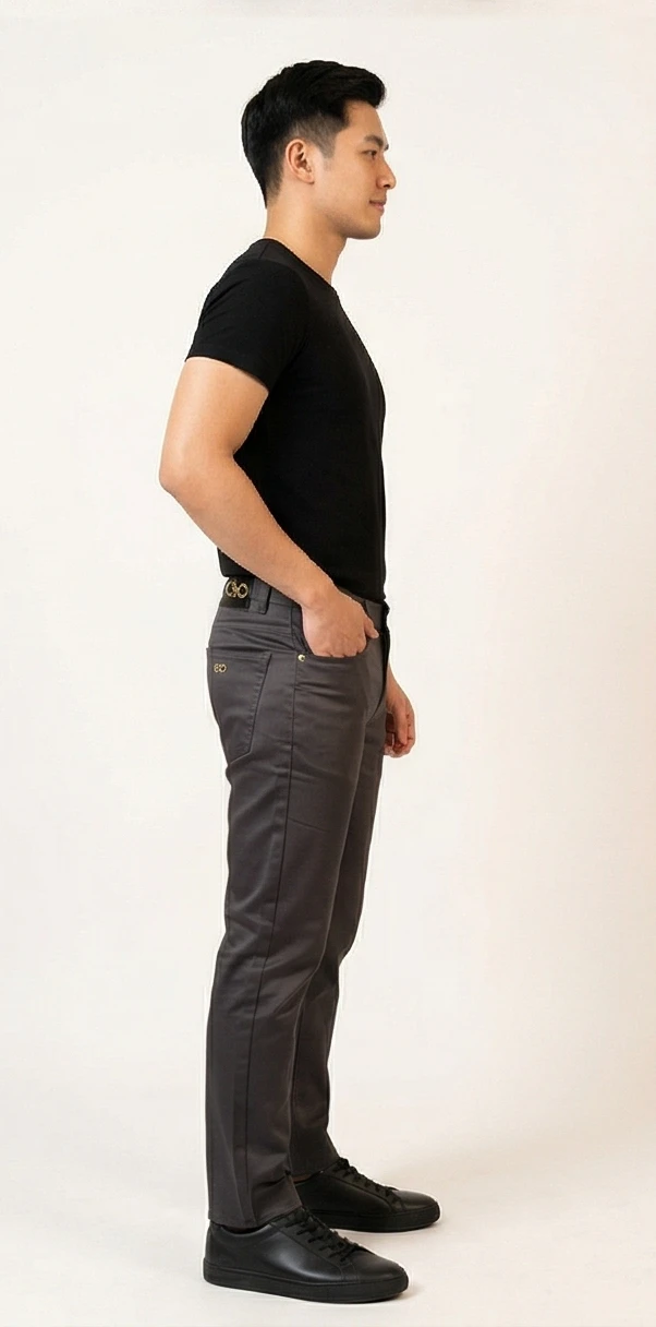Men's Slim-Fit Charcoal Twill Trousers with Gold Accent Hardware
