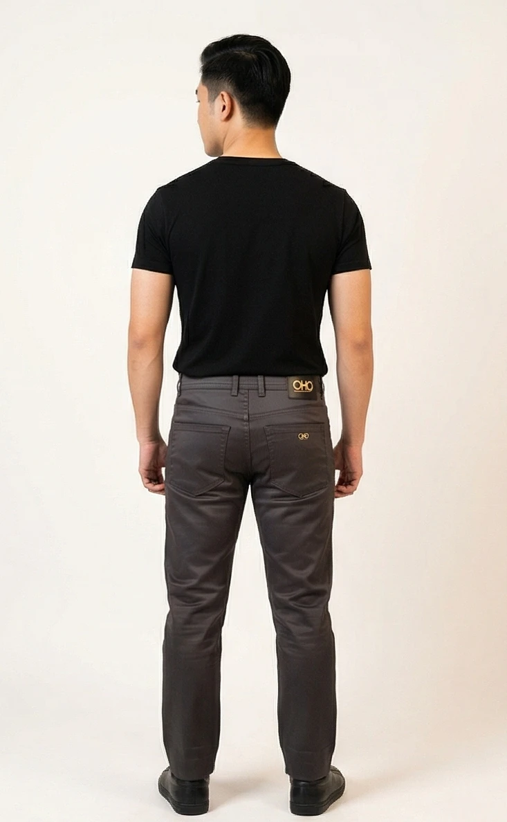 Men's Slim-Fit Charcoal Twill Trousers with Gold Accent Hardware
