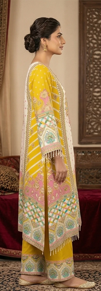 Mustard Floral Fusion Embroidered Suit Set"