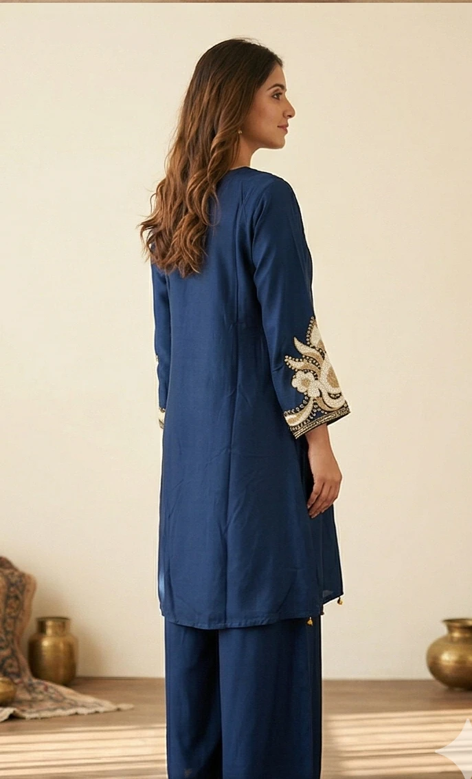 Navy Blue Embroidered Kurta Set with Gold Sequin Bodice & Wide-Leg Palazzos
