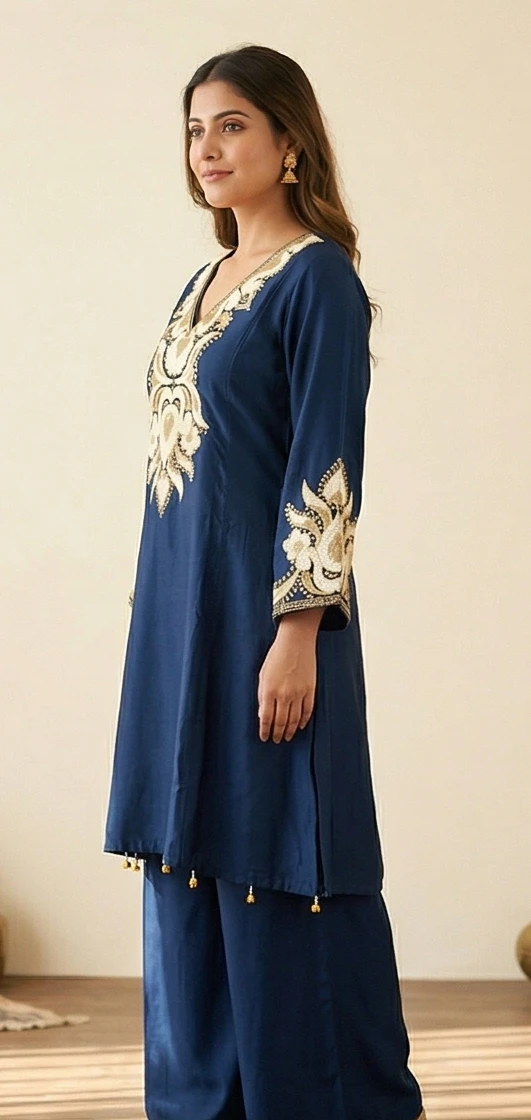 Navy Blue Embroidered Kurta Set with Gold Sequin Bodice & Wide-Leg Palazzos