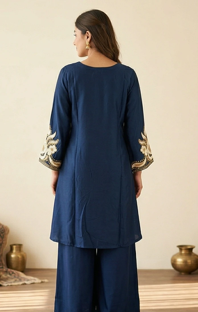 Navy Blue Embroidered Kurta Set with Gold Sequin Bodice & Wide-Leg Palazzos