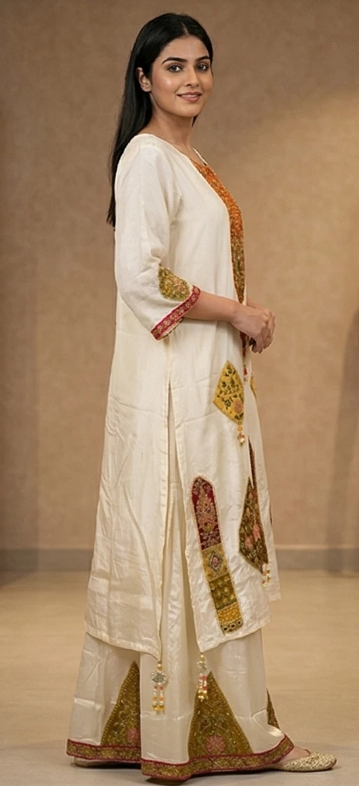 Ivory Raw Silk Gharara Set with Multi-Color Patchwork & Zardosi Embroidery