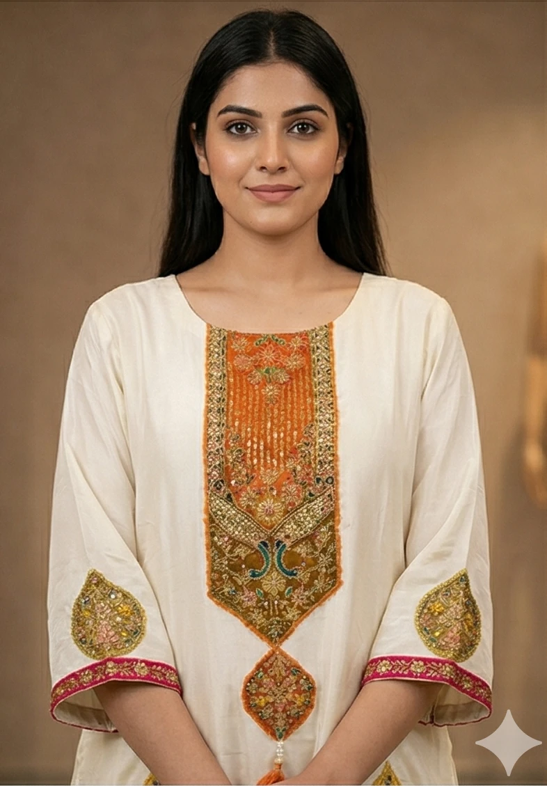 Ivory Raw Silk Gharara Set with Multi-Color Patchwork & Zardosi Embroidery